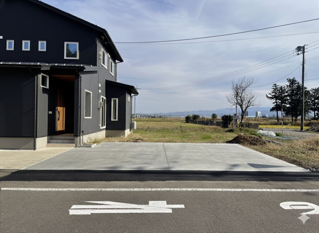 シンプルで美しい土間コンクリートの駐車スペース